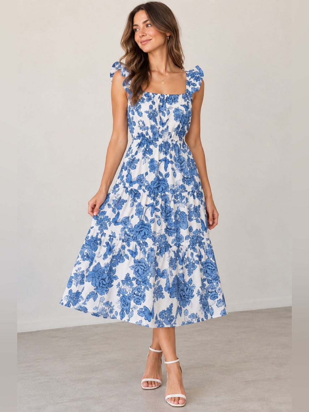 Eliza J Blue White Floral Smocked Waist Ruffle Sleeve Maxi Dress Womens 4
